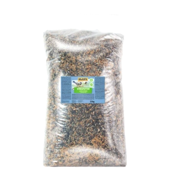 Ein 25-kg-Sack MultiFit Vogelfutter mit einem blauen Etikett, auf dem das Wort "STREUFUTTER" steht, und Bildern von Vögeln, verpackt in klarem Plastik.