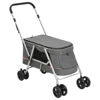 Grau Haustierbuggy mit faltbarem Design, mit gepolstertem Griff und vier Rädern für einfache Manövrierbarkeit.