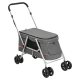 Grau Haustierbuggy mit faltbarem Design, mit gepolstertem Griff und vier Rädern für einfache Manövrierbarkeit.