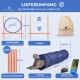 Agility-Set für Hunde mit einem Sprungring, Hürde, Slalomstangen und einem Tunnel, mit einem Hund im Tunnel. Enthält eine Tasche und Anweisungen.