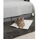Getigerte Katze liegt auf einer weißen Sherpa-Haustiermatte auf einem grauen Hochflorteppich unter einem Bett.