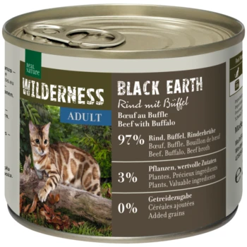 A can of Real Nature Wilderness Black Earth cat food with a playful cat, labeled "97% Beef with Buffalo" and "3% Valuable Ingredients."