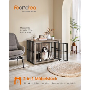 Ein stilvoller schwarzer Metallhundekäfig mit einer Holzoberfläche und einem Hund darin. Text: "2-in-1: Ein Hundehäuschen und Beistelltisch."