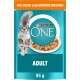 Purina ONE Katzenfutterverpackung mit einer flauschigen grauen Katze, einer Schüssel mit Nassfutter und dem Text "Mit Huhn und Grünen Bohnen," "ADULT," und "85 g."