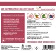 Hundefutterergänzung in einer Glasflasche mit Hühnerbrühe, Karotten und Beeren; enthält Nährwertinformationen und Anwendungshinweise.