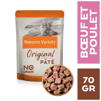 Pâté Original de Nature's Variety pour chats, 70g, présentant un chat sur l'emballage, étiqueté "Sans céréales" et "Boeuf et Poulet."