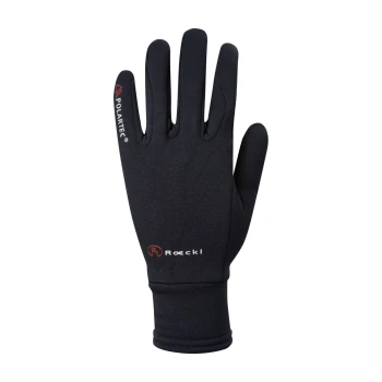 Schwarze Polartec-Handschuhe mit enger Passform, mit dem Roeckl-Logo am Handgelenk und einem roten Dreieckdesign am Zeigefinger.