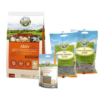 Bellfor Haustierfutterprodukte: 2,5 kg "Aktiv" Hundefutter, Lamm "Heide-Happen" Snacks, Hähnchen "Freiland-Happen" Snacks und "Fitness Pulver" Ergänzung.