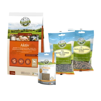 Bellfor Haustierfutterprodukte: 2,5 kg "Aktiv" Hundefutter, Lamm "Heide-Happen" Snacks, Hähnchen "Freiland-Happen" Snacks und "Fitness Pulver" Ergänzung.