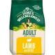 Bag of James Wellbeloved dog food, labeled "Adult Dog | 1-7 Years," featuring lamb and rice, with images of three dogs.