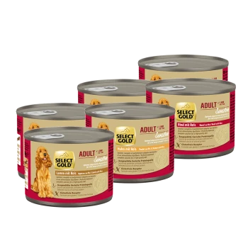 Select Gold Adult Sensitive Hundefutterdosen mit Lamm, Huhn und Rind mit Reis, glutenfreie Formel.