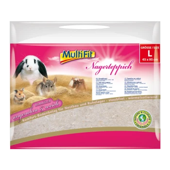 MultiFit Rodent Carpet, size L (45 x 95 cm), with images of small animals, highlighting its soft, dust-free, and heat-insulating material.