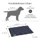 Ein dunkelblaues Hundebett mit gestepptem Design, beschriftet mit 'sauber | hygienisch | pflegeleicht', maschinenwaschbar bis 95°C, trocknergeeignet, von Doctor Bark.