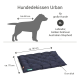 Ein dunkelblaues Hundebett mit gestepptem Design, beschriftet mit 'sauber | hygienisch | pflegeleicht', maschinenwaschbar bis 95°C, trocknergeeignet, von Doctor Bark.