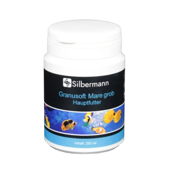 Behälter mit Silbermann Granusoft Mare grob Fischfutter, 250 ml, mit bunten Fischgrafiken auf blauem Hintergrund.