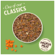 Bol de nourriture pour animaux avec un mélange de viande et de légumes, avec des carottes en dés à côté ; le texte indique "L'un de nos CLASSIQUES" et "VIANDE PROPRE."