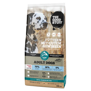 Tüte 'The Good Stuff' Adult-Hundefutter mit einem Dalmatiner, zeigt den Text 'Füttern mit gutem Gewissen' und 'ADULT DOGS'.