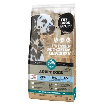 Tüte 'The Good Stuff' Adult-Hundefutter mit einem Dalmatiner, zeigt den Text 'Füttern mit gutem Gewissen' und 'ADULT DOGS'.