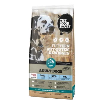 Tüte 'The Good Stuff' Adult-Hundefutter mit einem Dalmatiner, zeigt den Text 'Füttern mit gutem Gewissen' und 'ADULT DOGS'.