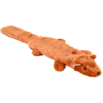 Plüschspielzeug, das einem kleinen orangefarbenen Tier mit langem Körper und runden Gliedmaßen ähnelt, ideal für die Spielzeit mit Haustieren.