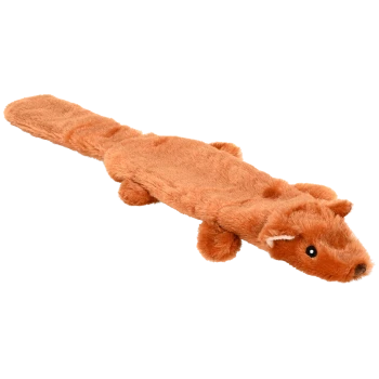 Plüschspielzeug, das einem kleinen orangefarbenen Tier mit langem Körper und runden Gliedmaßen ähnelt, ideal für die Spielzeit mit Haustieren.