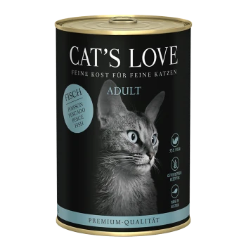 Cat's Love Erwachsenen Katzenfutterdose mit dem Profil einer grauen Katze, mit Text, der 95% Fisch, getreidefreies Rezept und hergestellt in Österreich angibt.