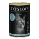 Cat's Love Erwachsenen Katzenfutterdose mit dem Profil einer grauen Katze, mit Text, der 95% Fisch, getreidefreies Rezept und hergestellt in Österreich angibt.