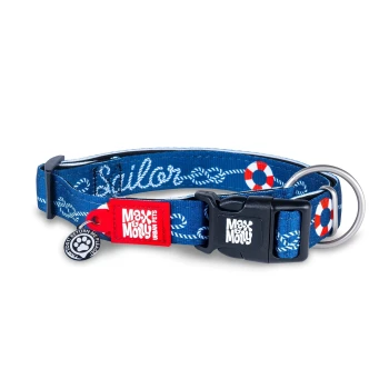 Blaues Haustierhalsband mit Matrosenseil- und Rettungsring-Design, schwarze Schnalle, Metallring und Max & Molly Markenanhänger.