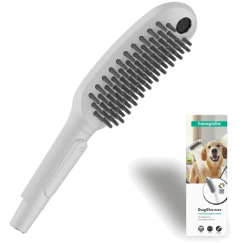 DogShower Haustier-Pflegeduschbürste mit weichen Borsten und Verpackung mit einem glücklichen Hund und Produktmerkmalen.