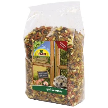 Un sac transparent de nourriture pour hérissons JR FARM avec une étiquette colorée montrant un hérisson et le texte "Igel-Schmaus" et "ohne Früchte und Nüsse."