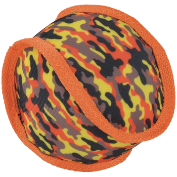 Ronde stoffen speelgoedbal voor huisdieren met oranje gestikte rand en geel-oranje-zwart camouflagepatroon.