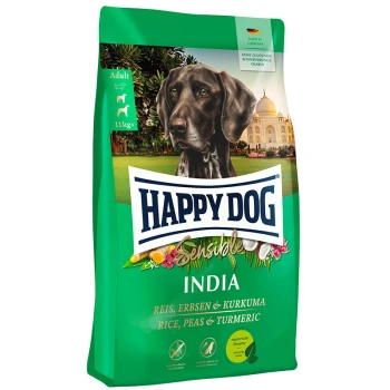 Hundefutterbeutel mit der Aufschrift "Happy Dog Sensible India", mit einem schwarzen Hund, dessen Zutaten als Reis, Erbsen und Kurkuma aufgeführt sind.