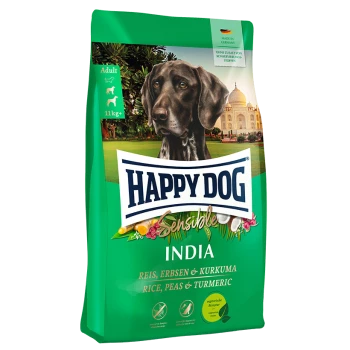 Hundefutterbeutel mit der Aufschrift "Happy Dog Sensible India", mit einem schwarzen Hund, dessen Zutaten als Reis, Erbsen und Kurkuma aufgeführt sind.