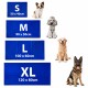 Bild zeigt vier Größen von blauen Haustierbetten, gekennzeichnet mit S, M, L und XL, mit einem Chihuahua, Pudel, Labrador und Deutschen Schäferhund neben ihnen.