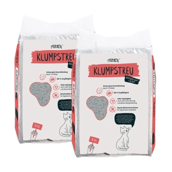 Twee zakken Primox klonterende kattenbakvulling, gelabeld "Klumstreu," met een babypoedergeur, met details over geurcontrole en absorptie.