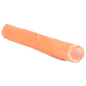 Ein einzelner, gerollter Haustier-Leckerbissen in hellorange mit einem pinken Zentrum, vor einem weißen Hintergrund präsentiert.