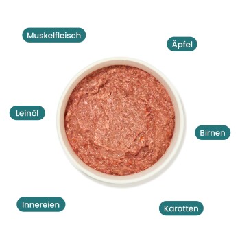 Schüssel mit Haustierfutter mit Etiketten für die Zutaten: Muskelfleisch, Apfel, Birne, Leinsamenöl, Innereien und Karotten.