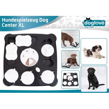 Interaktives Hundepuzzle-Spielzeug "Dog Center XL" mit verschiedenen Fächern für Leckerlis, mit einem schwarzen Boden und weißen Teilen.