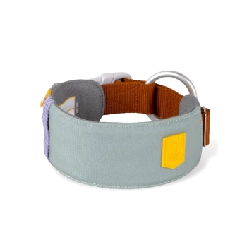 Ein stilvolles Haustierhalsband aus hellblauem Stoff mit einem gelben Logo-Patch, ergänzt durch einen orangefarbenen verstellbaren Riemen und grauen Akzenten.