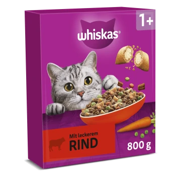 Lila Whiskas Katzenfutterkarton mit grau getigerter Katze, Futterschüssel; Text: ‚whiskas‘, ‚Mit leckerem RIND‘, ‚1+‘, ‚800 g‘.
