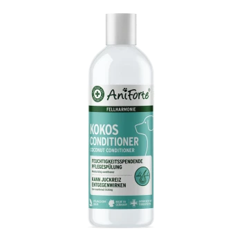 Flasche AniForte Kokos-Conditioner für Haustiere, mit einer Hundesilhouette, mit Text, der feuchtigkeitsspendende Eigenschaften und Juckreizlinderung hervorhebt.