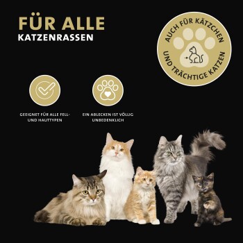 Das Bild zeigt fünf Katzen verschiedener Rassen auf einem schwarzen Hintergrund, mit dem Text "Für alle Katzenrassen" und wichtigen Vorteilen.