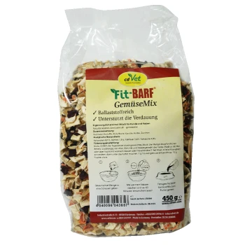 Klare Plastiktüte mit "Fitt-BARF GemüseMix" Haustierfutter, 450g, ballaststoffreich, unterstützt die Verdauung; Zutaten umfassen Karotten, Rüben, Zucchini.