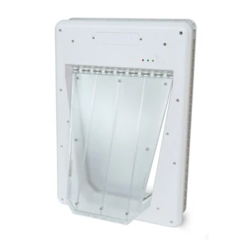 Weiße Haustiertür mit einer transparenten Klappe, mit einem Scharnier oben und drei Anzeigeleuchten darüber.