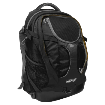 Schwarzer Reisetasche für Haustiere mit Netzfächern und gepolsterten Riemen, mit einem Logo und Reißverschlussfächern.