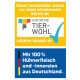 Etikett, das Haustierfutter aus der "Initiative Tierwohl" bewirbt, das 100% Hühnerfleisch und Innereien aus Deutschland enthält.