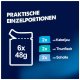 Label 'Praktische Einzelportionen' mit Beutel-Icon '6x 48 g' und aufgeführten Geschmacksrichtungen: 2x Kabeljau, 2x Thunfisch, 2x Scholle.
