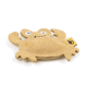Ein plüschiger Froschspielzeug in hellbrauner Farbe mit großen Augen und einem lächelnden Mund, mit einem Etikett mit einem Logo.