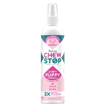 TropiClean Chew Stop 2-in-1 Puppy Formula spray, alcohol-free, sour and bitter, behavior aid, 8 fl oz bottle.