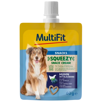MultiFit Squeezy Snack Cream für Hunde, mit einem Hund auf der Verpackung, mit dem Text "Huhn mit Heidelbeeren" und einer Größe von 60g.